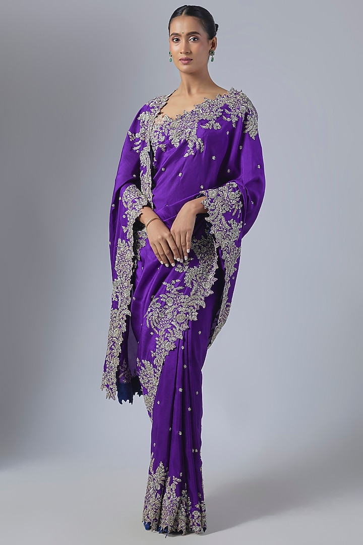Purple Dupion Silk Hand Embroidered Bridal Saree Set by Anushree Reddy at Pernia's Pop Up Shop