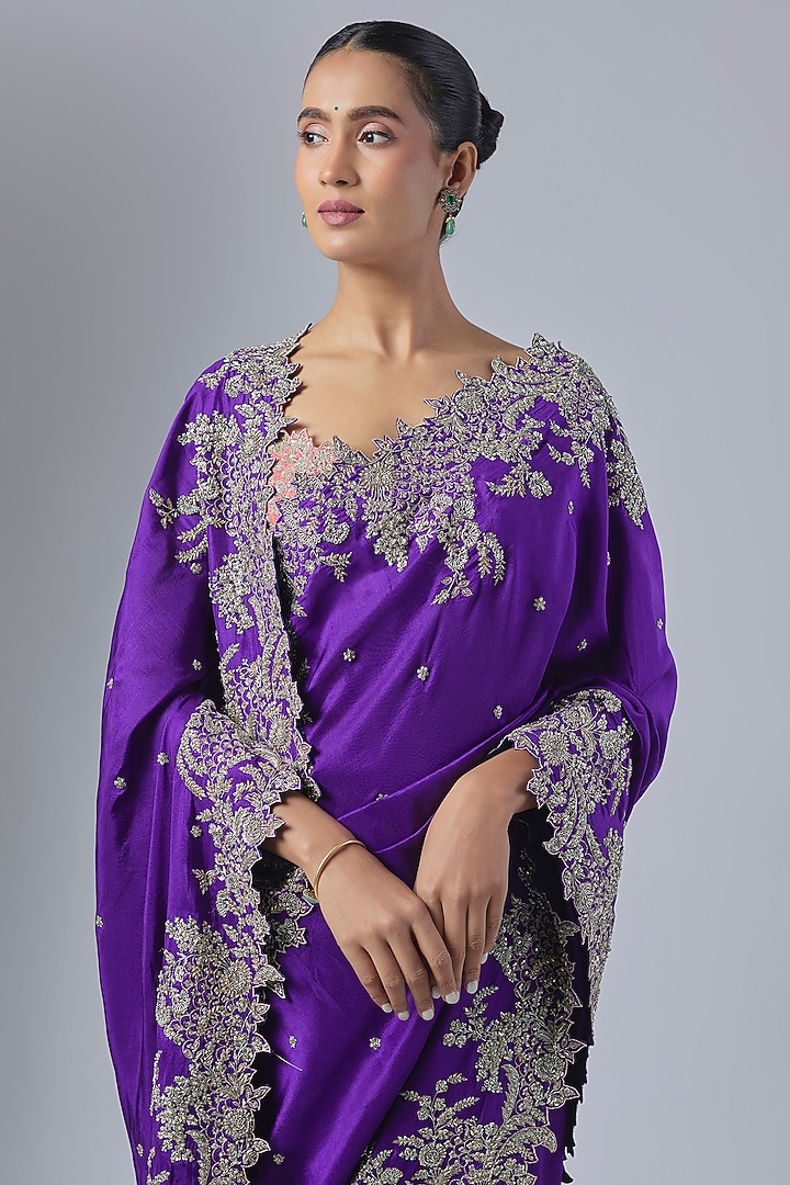 Purple Dupion Silk Hand Embroidered Bridal Saree Set by Anushree Reddy at Pernia's Pop Up Shop