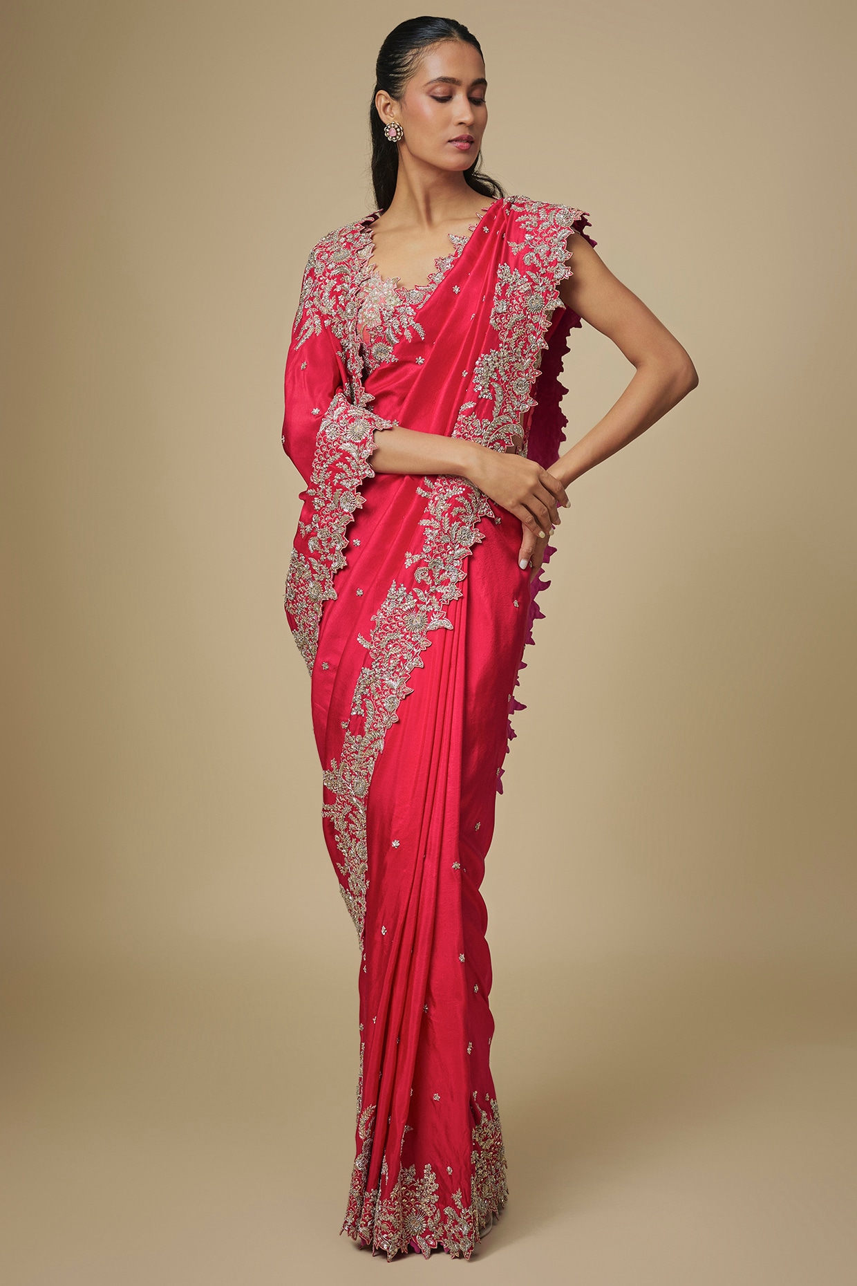 Anushree Reddy Red Dupion Silk Hand Embroidered Saree Set
