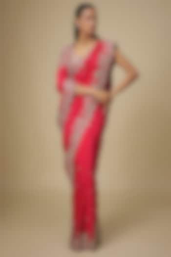 Red Dupion Silk Hand Embroidered Bridal Saree Set by Anushree Reddy at Pernia's Pop Up Shop