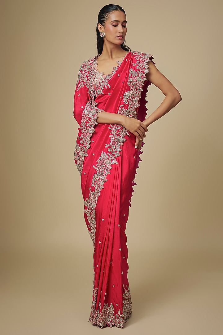 Red Dupion Silk Hand Embroidered Bridal Saree Set by Anushree Reddy at Pernia's Pop Up Shop