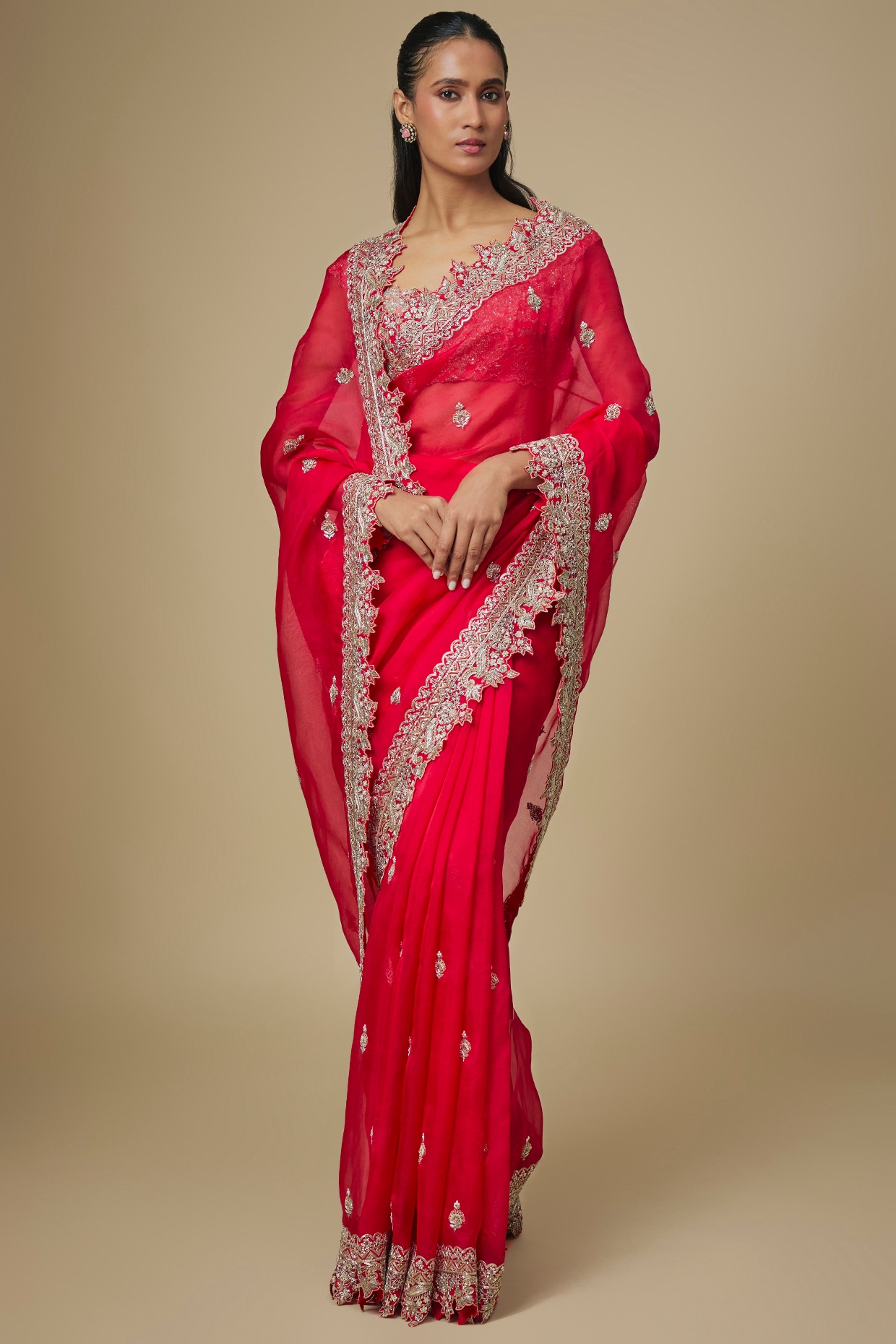 Anushree Reddy Red Organza Hand Embroidered Saree Set
