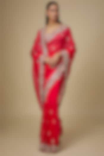 Red Organza Hand Embroidered Bridal Saree Set by Anushree Reddy at Pernia's Pop Up Shop