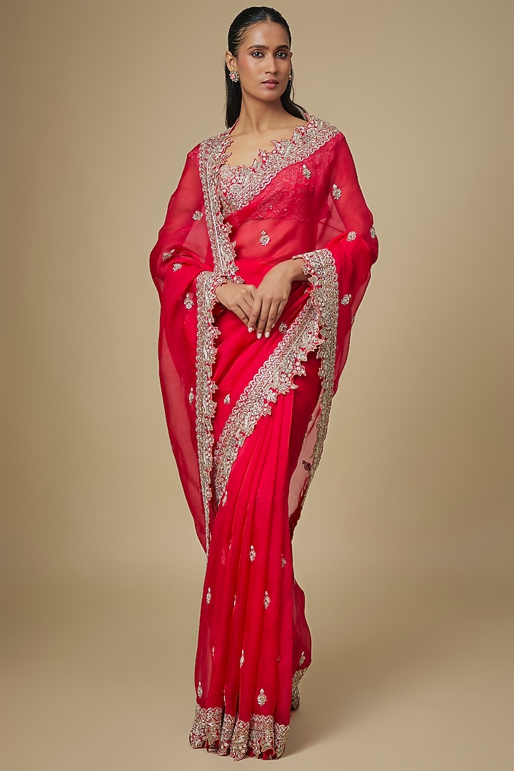 Red Organza Hand Embroidered Bridal Saree Set by Anushree Reddy at Pernia's Pop Up Shop