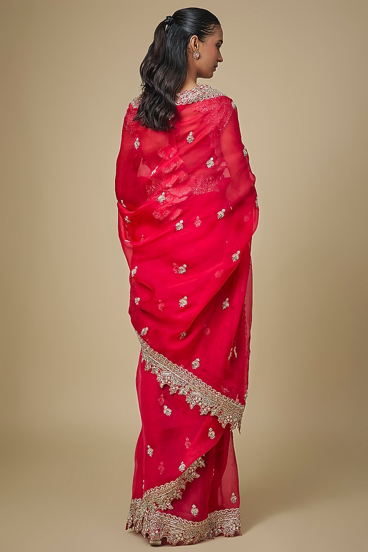 Red Organza Hand Embroidered Bridal Saree Set by Anushree Reddy at Pernia's Pop Up Shop