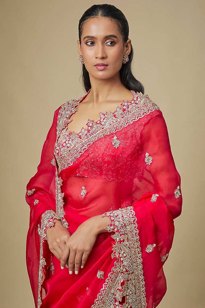 Red Organza Hand Embroidered Bridal Saree Set by Anushree Reddy at Pernia's Pop Up Shop