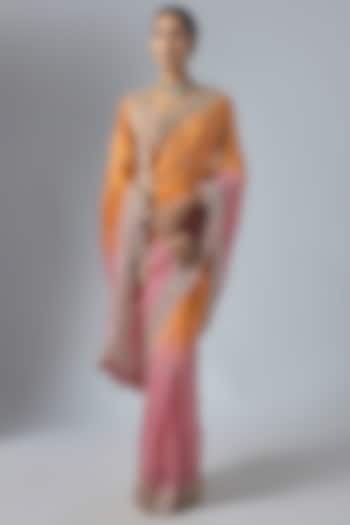 Pink & Orange Ombre Organza Embroidered Bridal Saree Set by Anushree Reddy at Pernia's Pop Up Shop