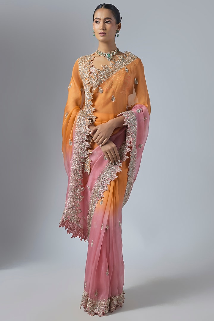 Pink & Orange Ombre Organza Embroidered Bridal Saree Set by Anushree Reddy at Pernia's Pop Up Shop