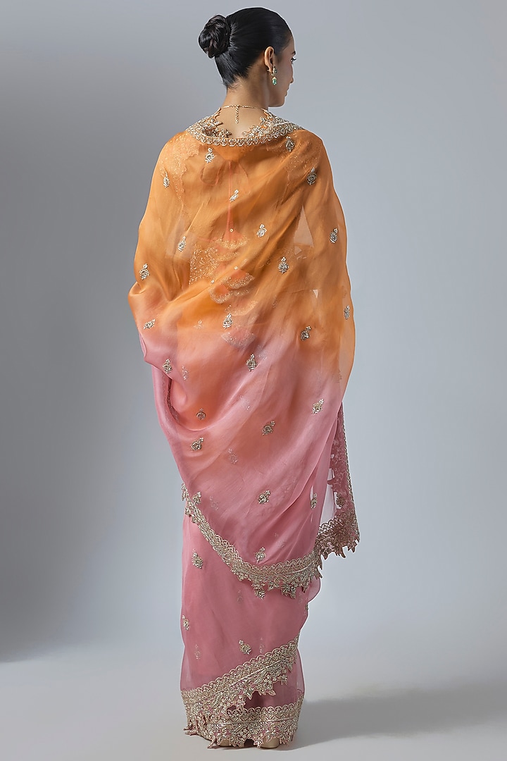 Pink & Orange Ombre Organza Embroidered Bridal Saree Set by Anushree Reddy at Pernia's Pop Up Shop
