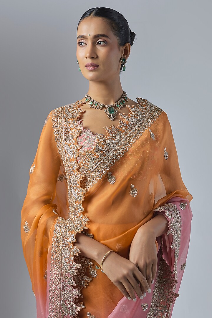 Pink & Orange Ombre Organza Embroidered Bridal Saree Set by Anushree Reddy at Pernia's Pop Up Shop