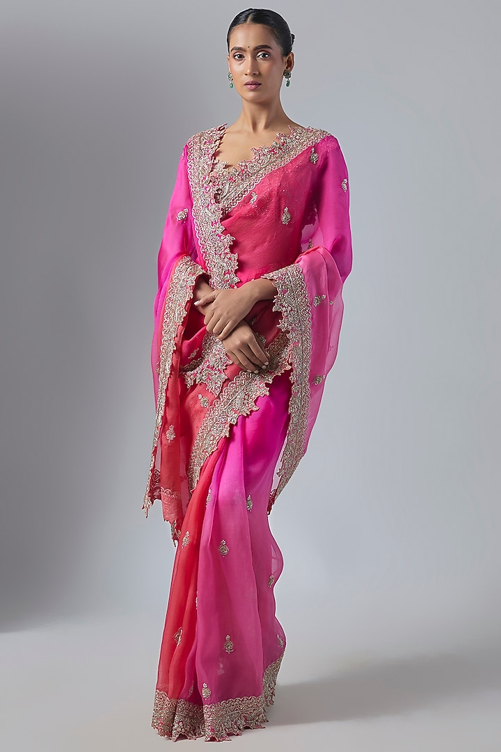 Hot Pink & Red Ombre Organza Embroidered Bridal Saree Set by Anushree Reddy at Pernia's Pop Up Shop