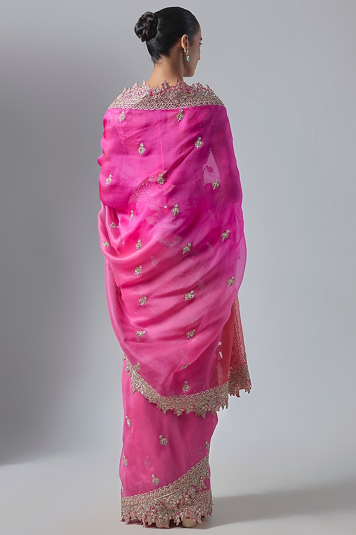 Hot Pink & Red Ombre Organza Embroidered Bridal Saree Set by Anushree Reddy at Pernia's Pop Up Shop