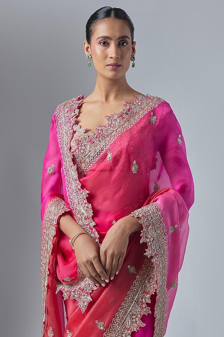 Hot Pink & Red Ombre Organza Embroidered Bridal Saree Set by Anushree Reddy at Pernia's Pop Up Shop