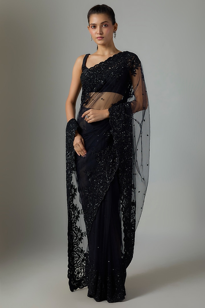 Black Net Hand Embroidered Bridal Saree Set by Anushree Reddy at Pernia's Pop Up Shop