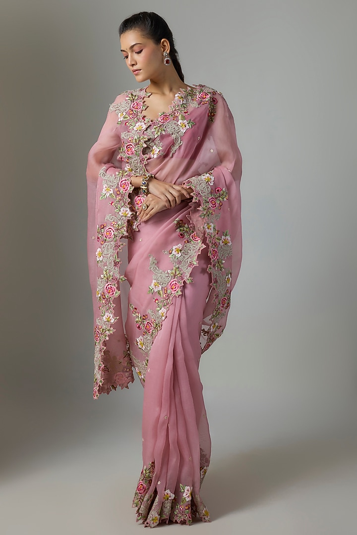 Pink Organza Hand & Machine Embroidered Reception Saree Set by Anushree Reddy at Pernia's Pop Up Shop