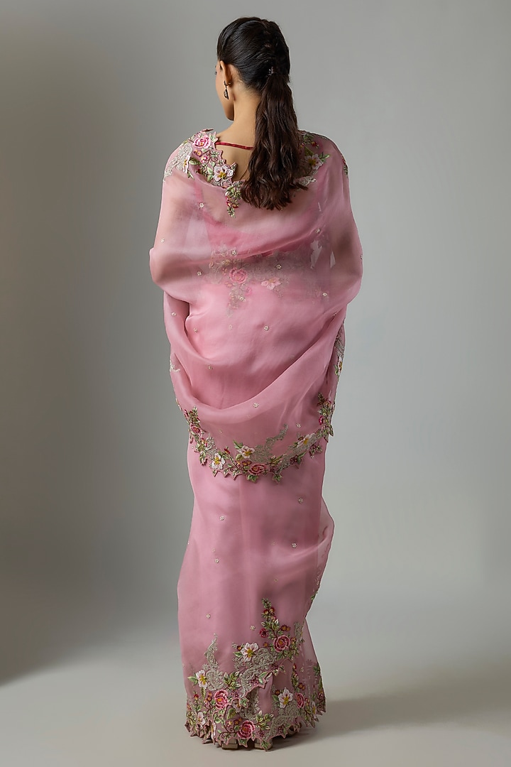 Pink Organza Hand & Machine Embroidered Reception Saree Set by Anushree Reddy at Pernia's Pop Up Shop
