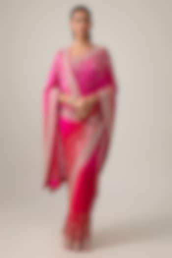 Cherry Pink Ombre Chiffon Hand Embroidered Bridal Saree Set by Anushree Reddy at Pernia's Pop Up Shop