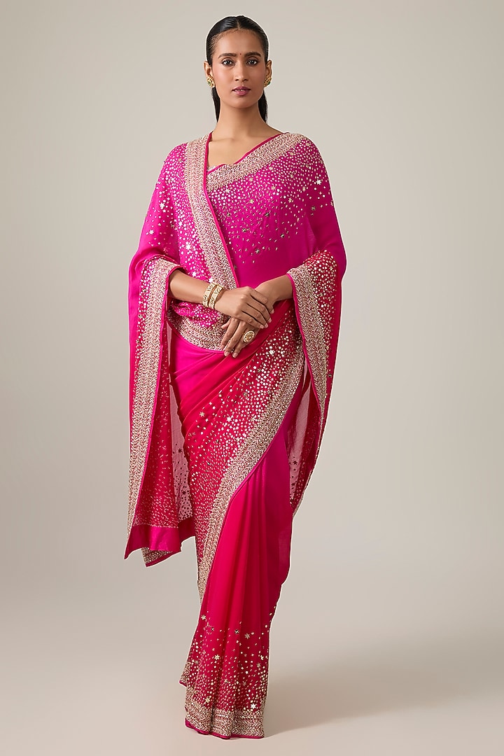 Cherry Pink Ombre Chiffon Hand Embroidered Bridal Saree Set by Anushree Reddy at Pernia's Pop Up Shop