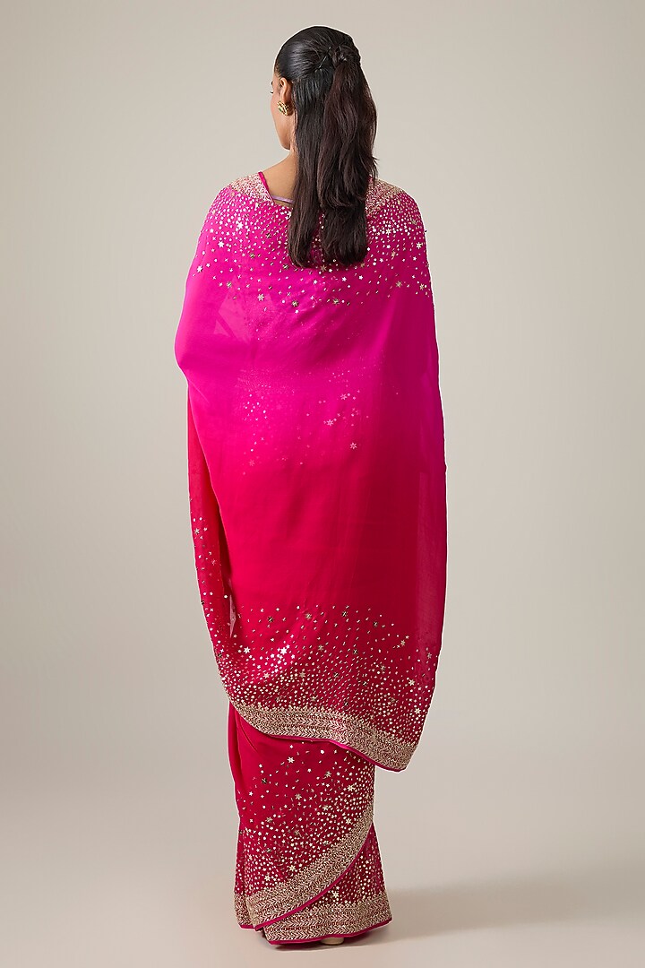 Cherry Pink Ombre Chiffon Hand Embroidered Bridal Saree Set by Anushree Reddy at Pernia's Pop Up Shop