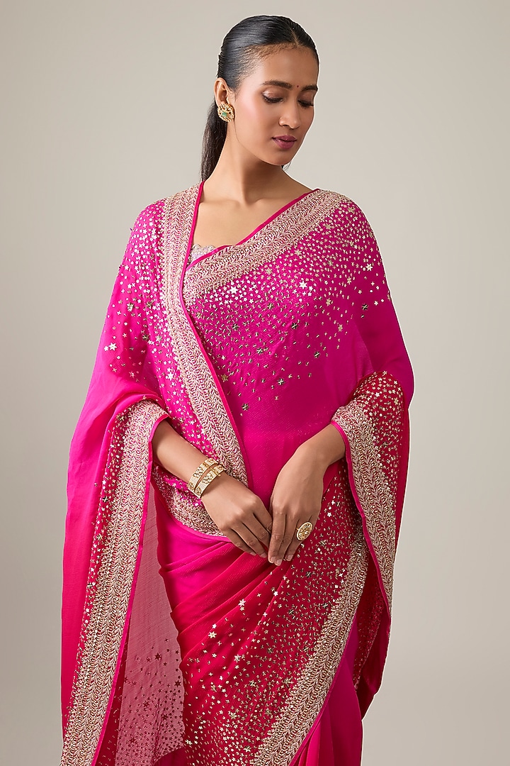 Cherry Pink Ombre Chiffon Hand Embroidered Bridal Saree Set by Anushree Reddy at Pernia's Pop Up Shop