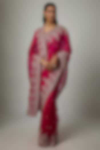 Cherry Red Organza Hand Embroidered Bridal Saree Set by Anushree Reddy at Pernia's Pop Up Shop