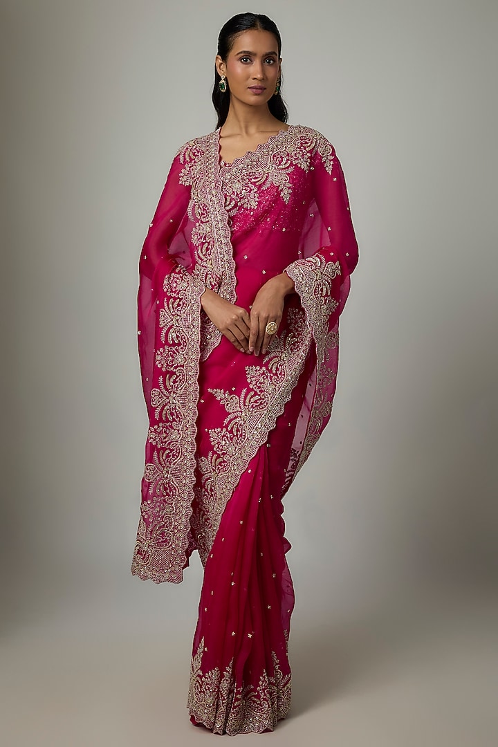 Cherry Red Organza Hand Embroidered Bridal Saree Set by Anushree Reddy at Pernia's Pop Up Shop