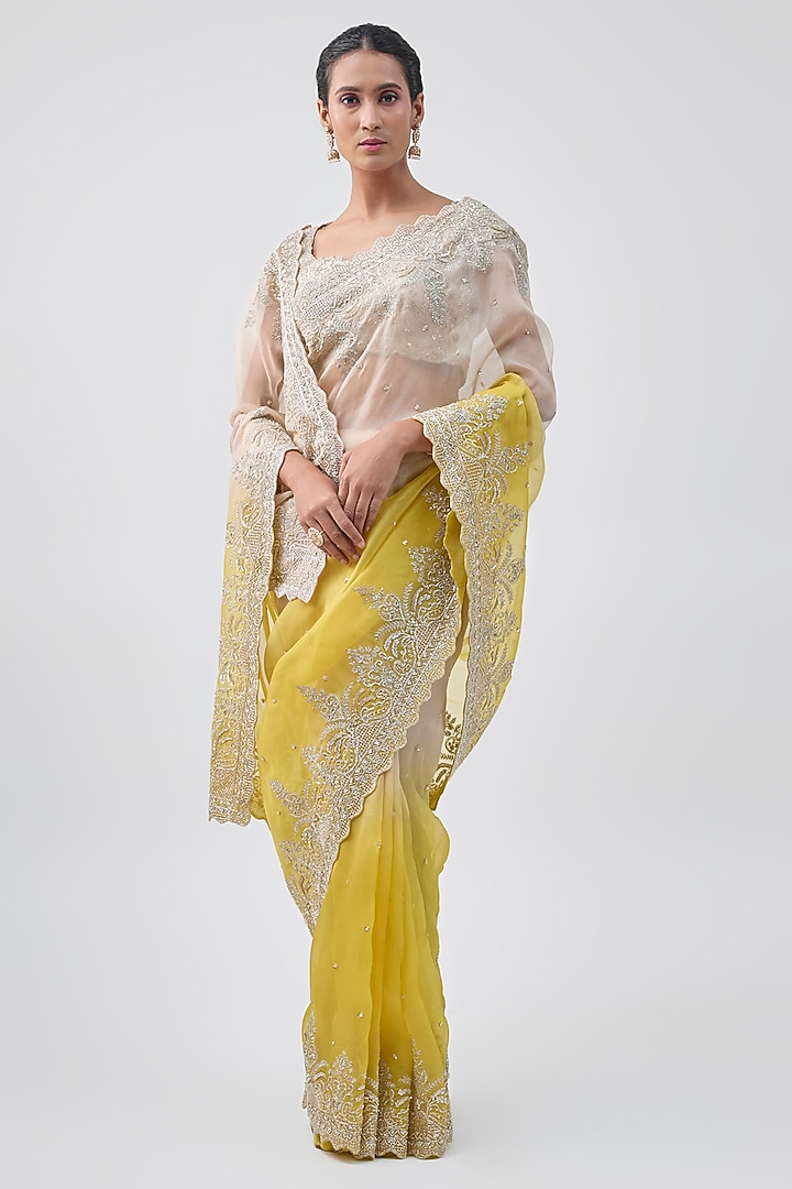 Ivory & Yellow Ombre Organza Hand Embroidered Bridal Saree Set by Anushree Reddy at Pernia's Pop Up Shop