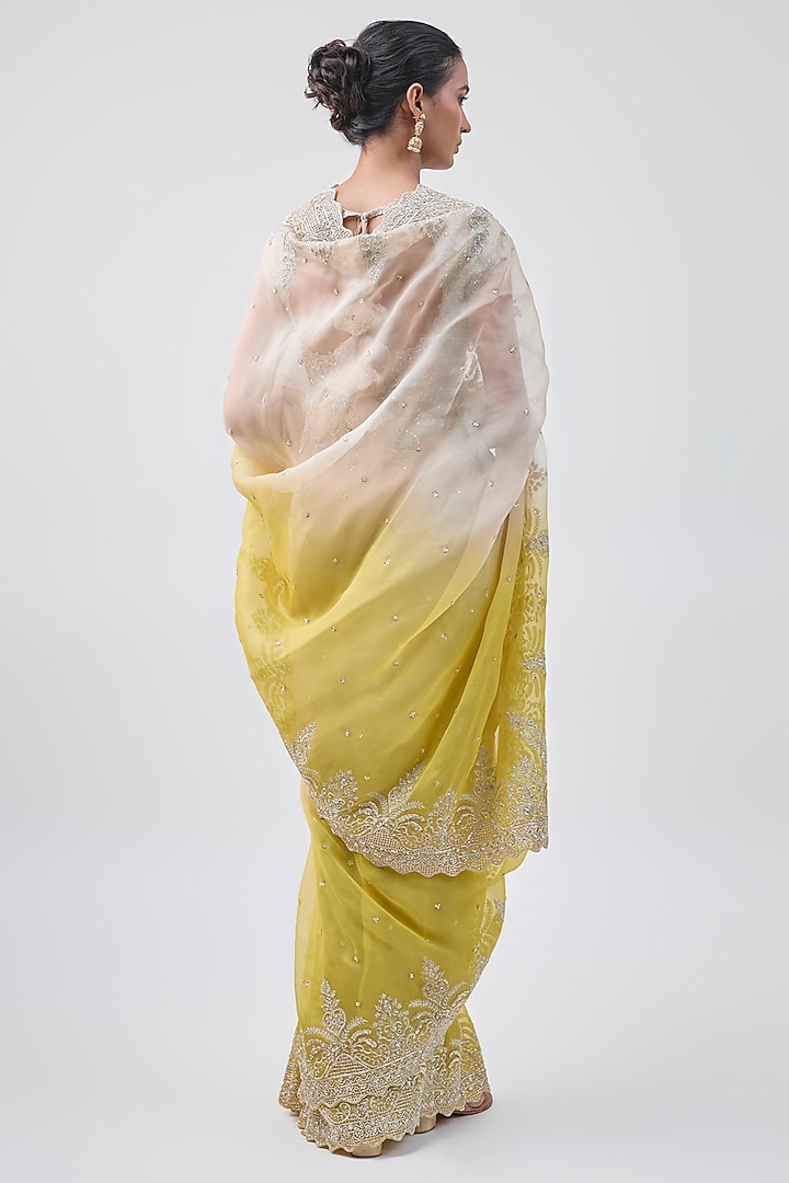 Ivory & Yellow Ombre Organza Hand Embroidered Bridal Saree Set by Anushree Reddy at Pernia's Pop Up Shop