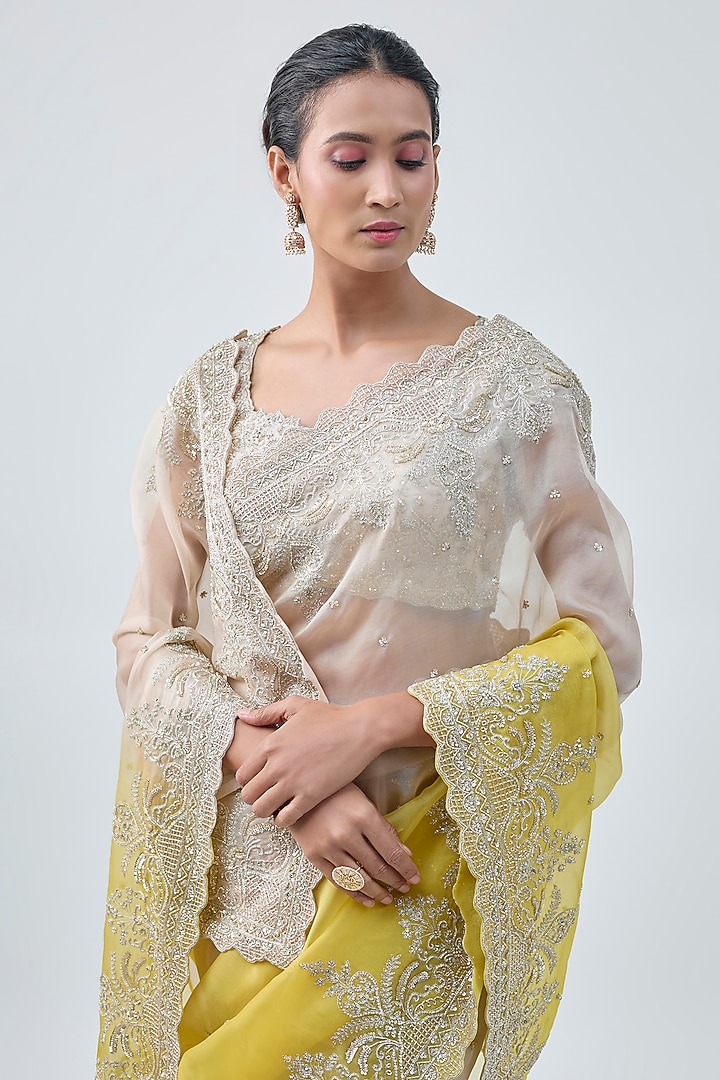 Ivory & Yellow Ombre Organza Hand Embroidered Bridal Saree Set by Anushree Reddy at Pernia's Pop Up Shop