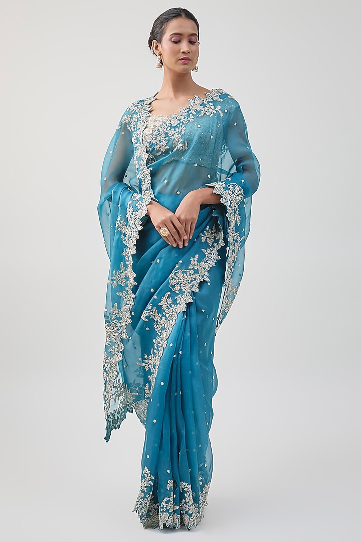 Dark Blue Organza Hand Embroidered Bridal Saree Set by Anushree Reddy at Pernia's Pop Up Shop