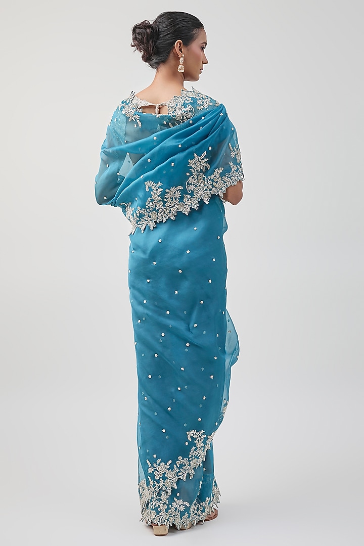 Dark Blue Organza Hand Embroidered Bridal Saree Set by Anushree Reddy at Pernia's Pop Up Shop