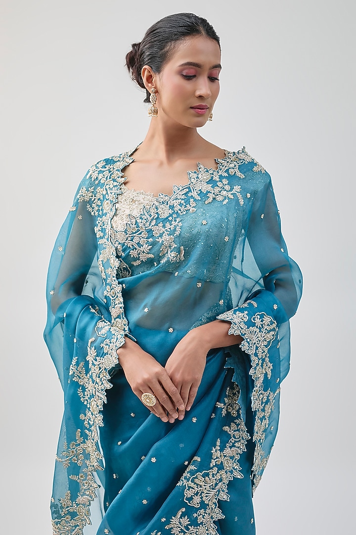 Dark Blue Organza Hand Embroidered Bridal Saree Set by Anushree Reddy at Pernia's Pop Up Shop