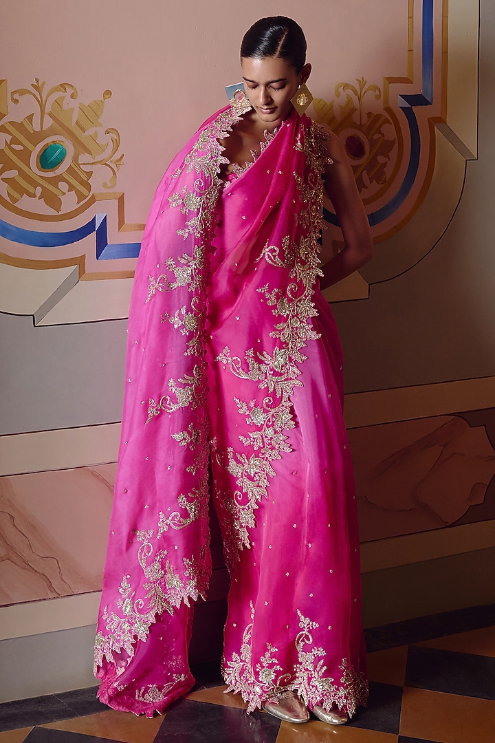Pink Ombre Organza Embroidered Bridal Saree Set by Anushree Reddy at Pernia's Pop Up Shop
