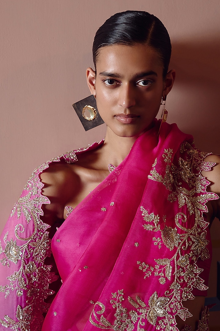 Pink Ombre Organza Embroidered Bridal Saree Set by Anushree Reddy at Pernia's Pop Up Shop