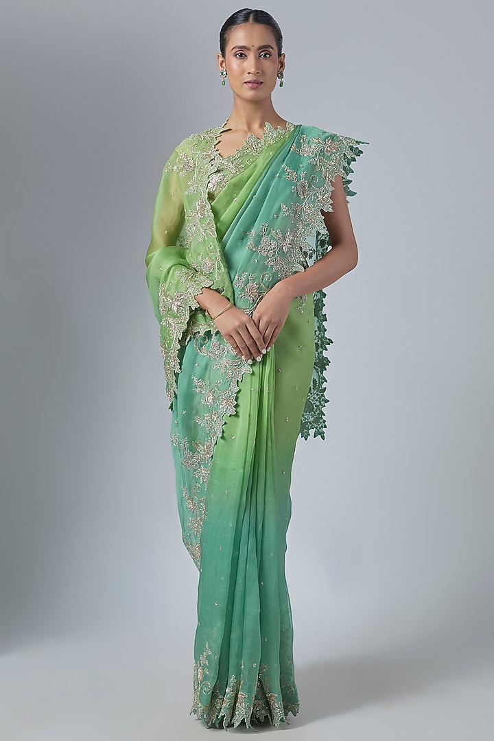 Green & Blue Ombre Organza Embroidered Bridal Saree Set by Anushree Reddy at Pernia's Pop Up Shop