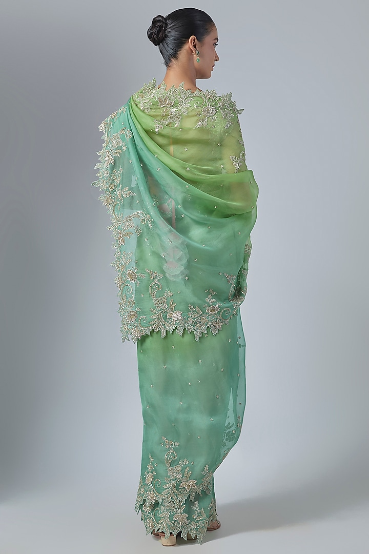 Green & Blue Ombre Organza Embroidered Bridal Saree Set by Anushree Reddy at Pernia's Pop Up Shop