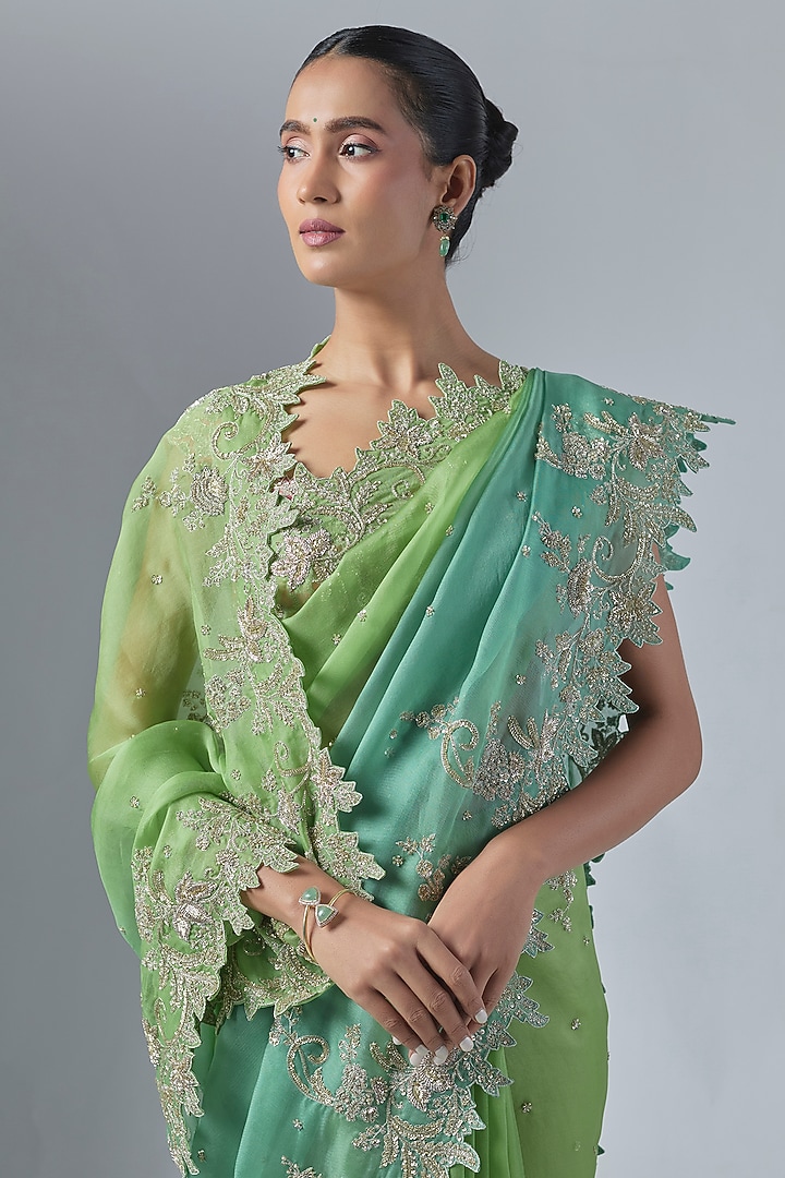 Green & Blue Ombre Organza Embroidered Bridal Saree Set by Anushree Reddy at Pernia's Pop Up Shop