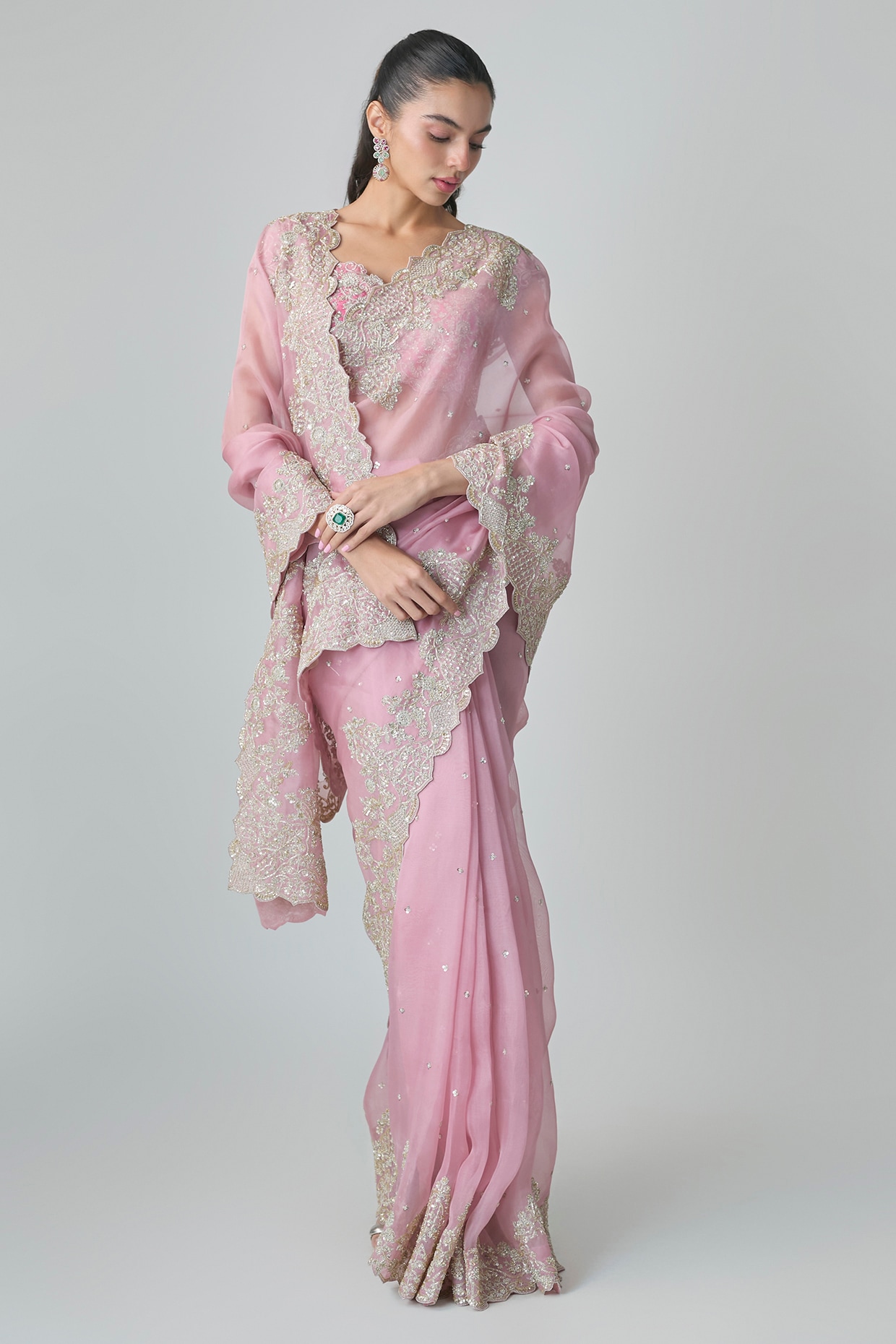 Anushree Reddy Pink Organza Hand Embroidered Saree Set
