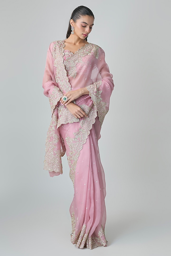 Pink Organza Hand Embroidered Bridal Saree Set by Anushree Reddy at Pernia's Pop Up Shop