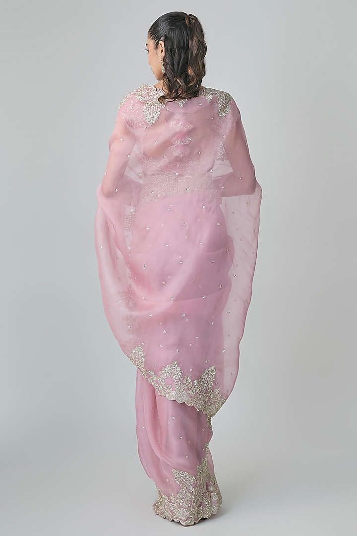 Pink Organza Hand Embroidered Bridal Saree Set by Anushree Reddy at Pernia's Pop Up Shop