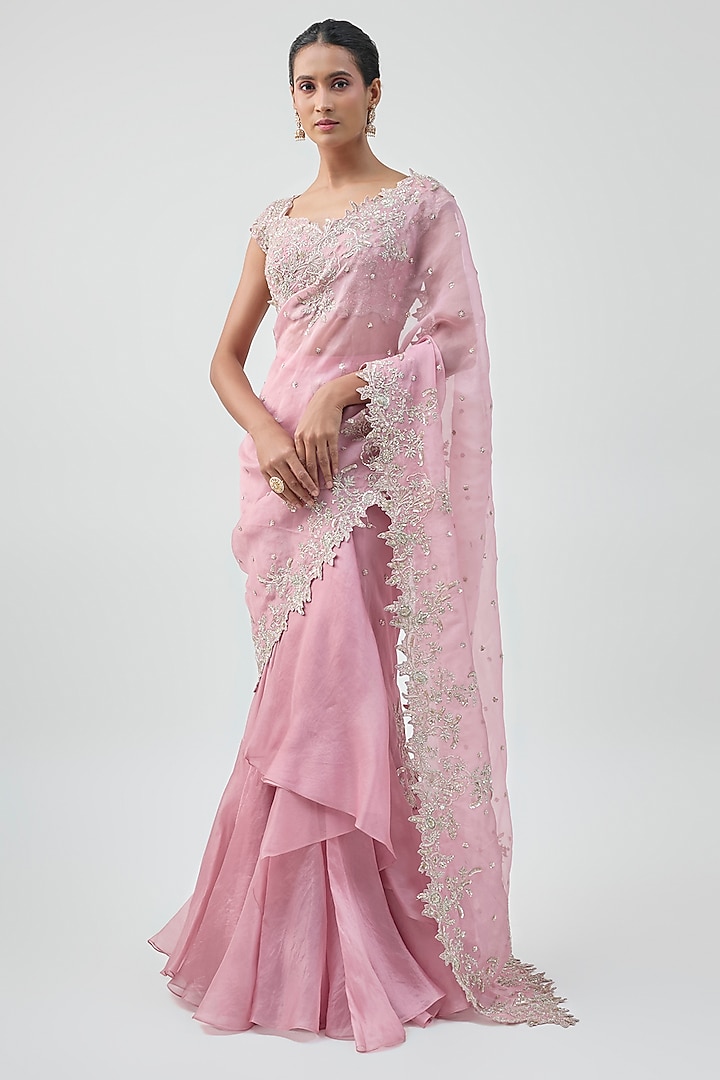 Pink Organza Hand Embroidered Ruffled Saree Set by Anushree Reddy at Pernia's Pop Up Shop