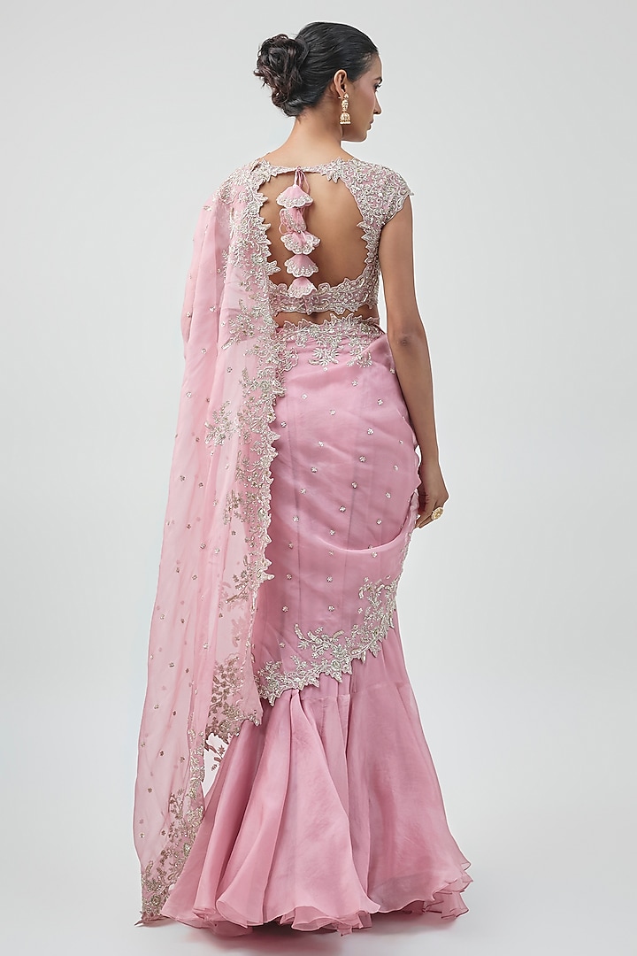 Pink Organza Hand Embroidered Ruffled Saree Set by Anushree Reddy at Pernia's Pop Up Shop