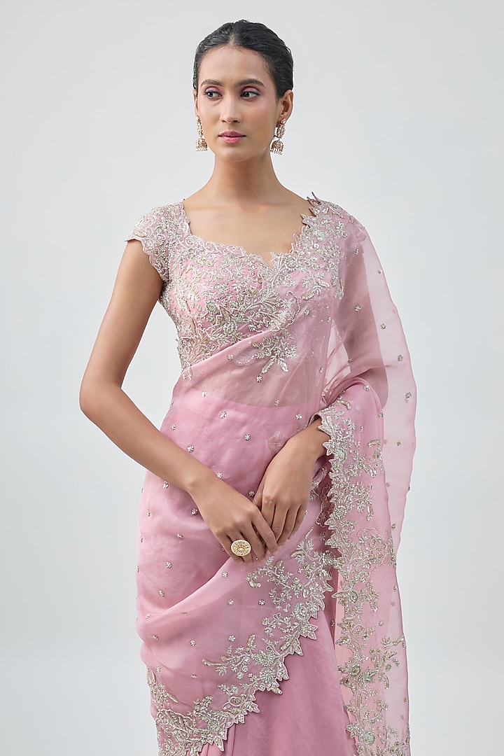 Pink Organza Hand Embroidered Ruffled Saree Set by Anushree Reddy at Pernia's Pop Up Shop