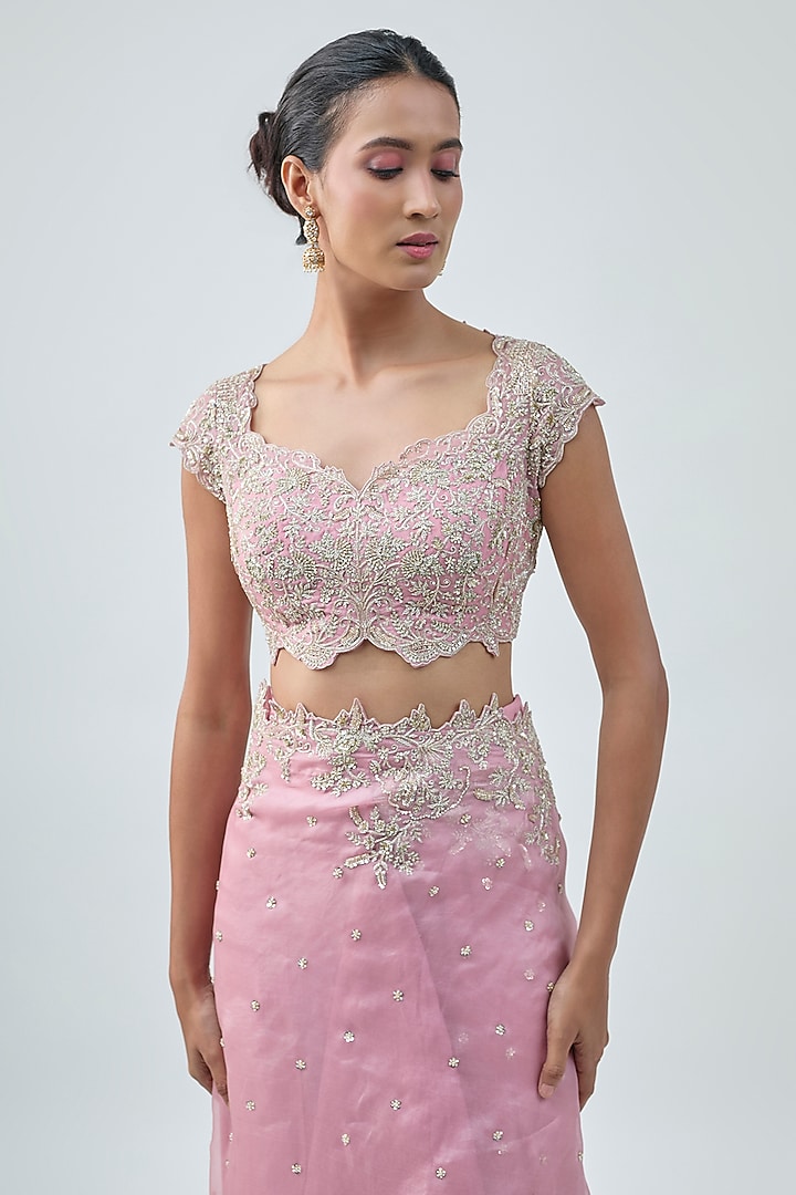 Pink Organza Hand Embroidered Ruffled Saree Set by Anushree Reddy at Pernia's Pop Up Shop