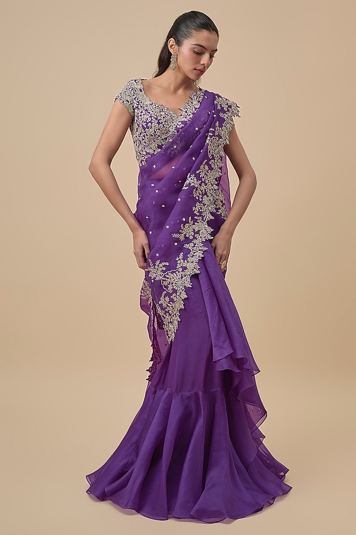 Purple Chiffon & Organza Ruffled Bridal Saree Set by Anushree Reddy at Pernia's Pop Up Shop