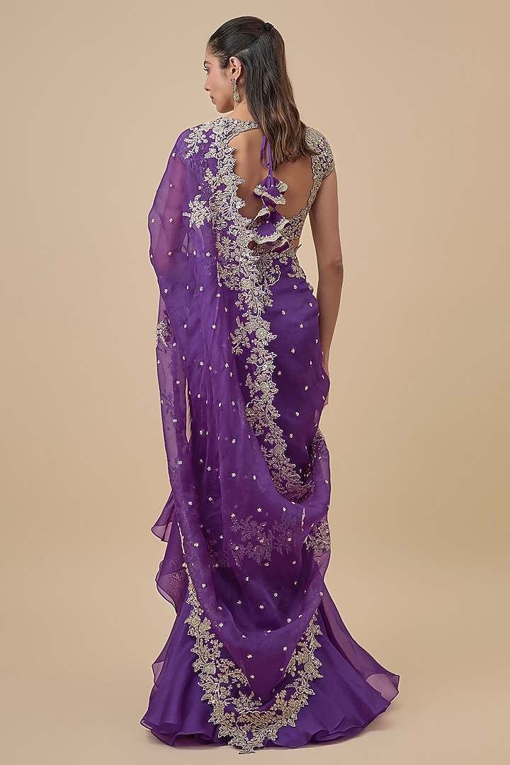 Purple Chiffon & Organza Ruffled Bridal Saree Set by Anushree Reddy at Pernia's Pop Up Shop