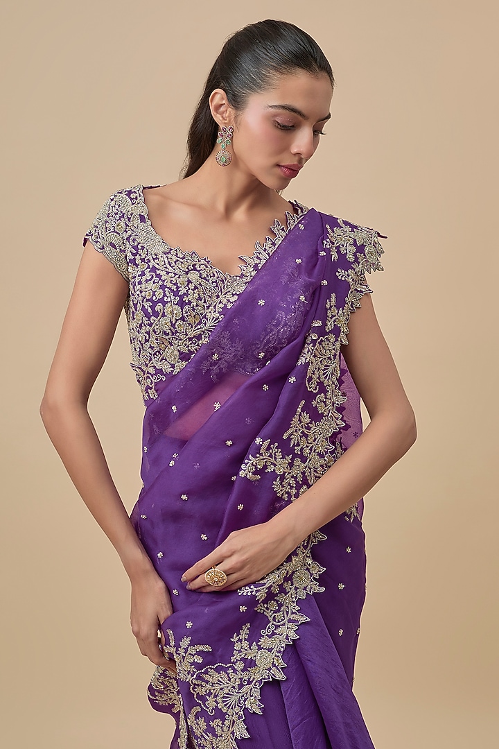 Purple Chiffon & Organza Ruffled Bridal Saree Set by Anushree Reddy at Pernia's Pop Up Shop