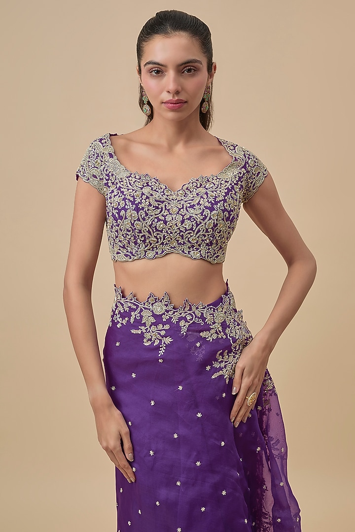 Purple Chiffon & Organza Ruffled Bridal Saree Set by Anushree Reddy at Pernia's Pop Up Shop