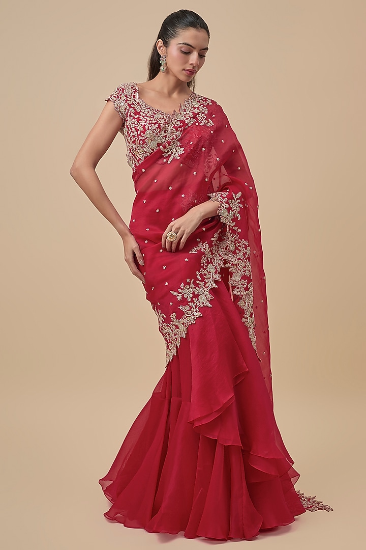 Red Chiffon & Organza Ruffled Bridal Saree Set by Anushree Reddy at Pernia's Pop Up Shop