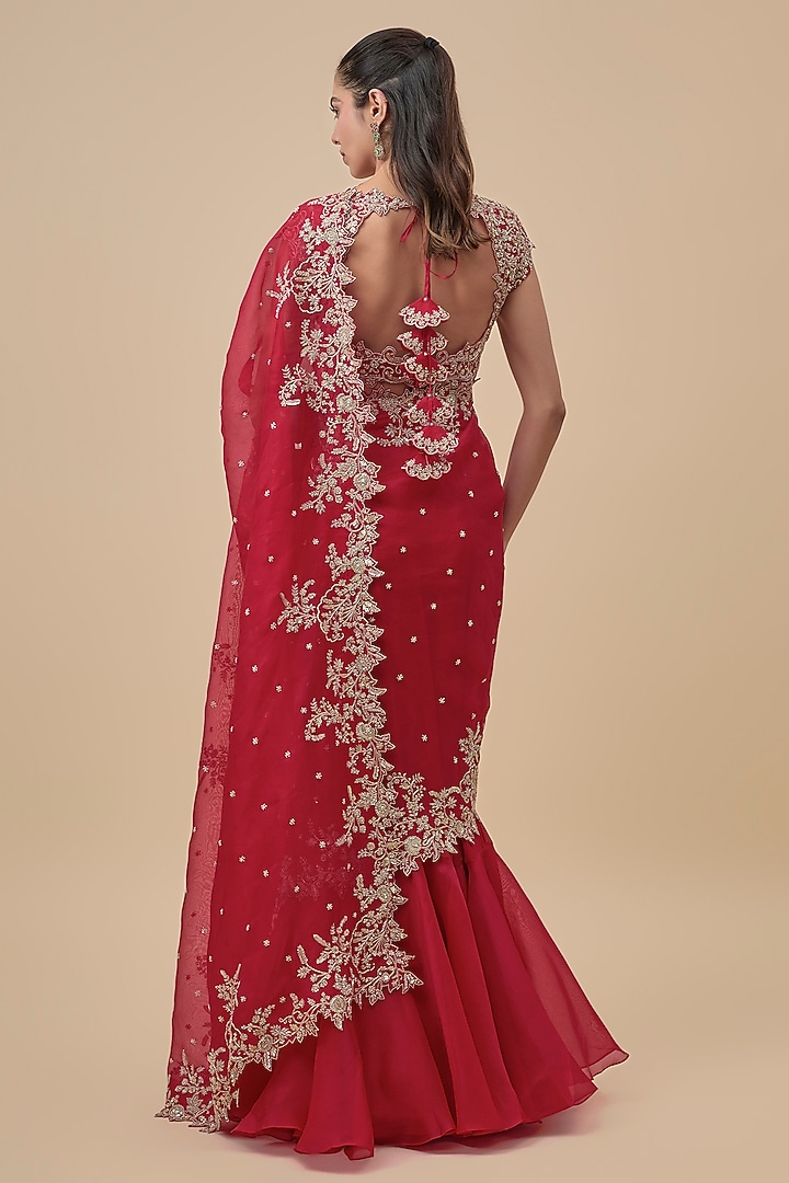 Red Chiffon & Organza Ruffled Bridal Saree Set by Anushree Reddy at Pernia's Pop Up Shop
